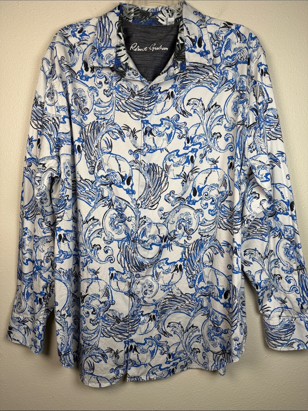 Robert Graham Skull Print Button Up Shirt 2XLT XXLT Tall Blue Flip Cuff Stretch